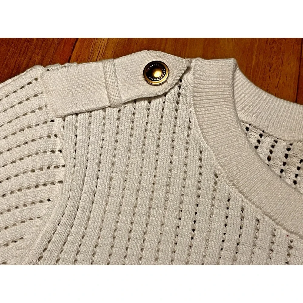 MICHAEL KORS Open Knit Short Sleeve Sweater WHITE Shoulder Detail  Sz XL H12